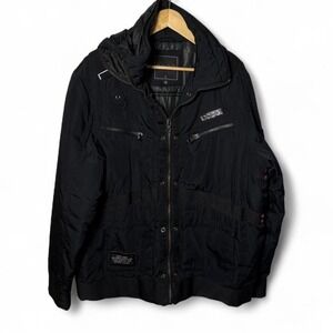 Coogi Black Hooded Bomber Jacket Men's Large Zip Pockets Puffer Lined Streetwear